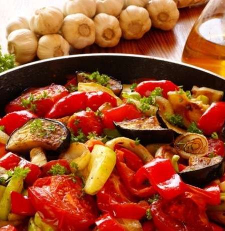 Colorful vegetable dish in skillet