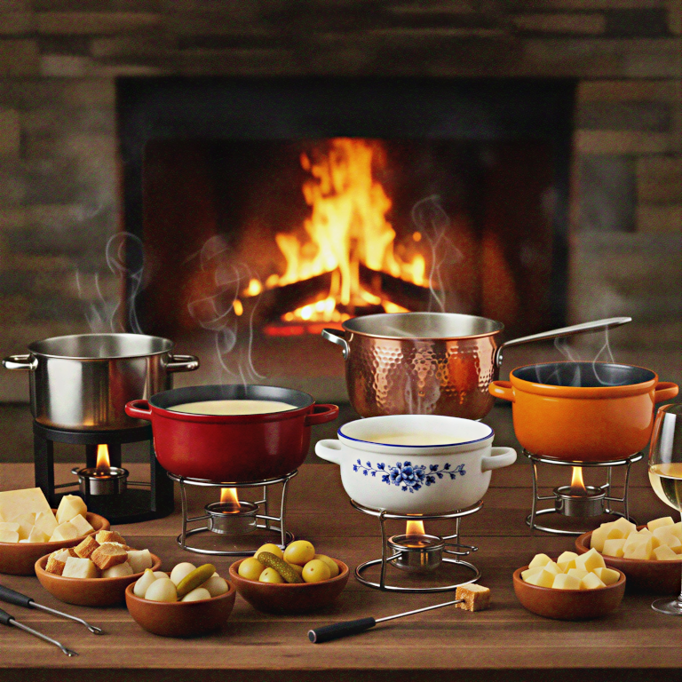 Various fondue pots with cheese