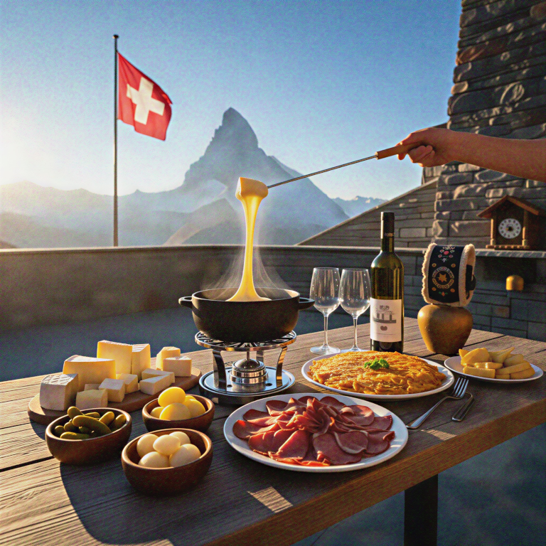 Swiss fondue with mountain backdrop.