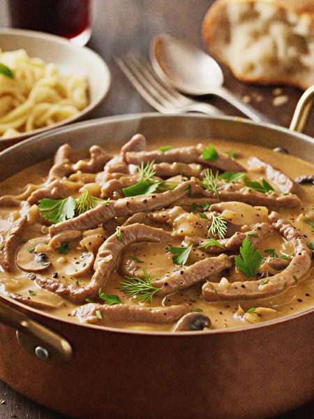 Creamy beef stroganoff dish with noodles