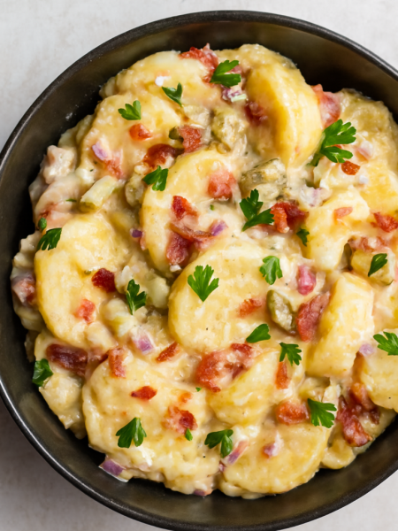 Creamy potato salad with bacon bits