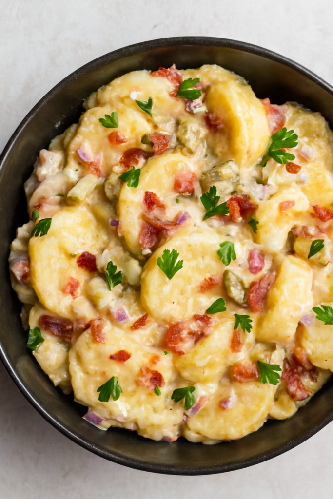Creamy potato salad with bacon bits
