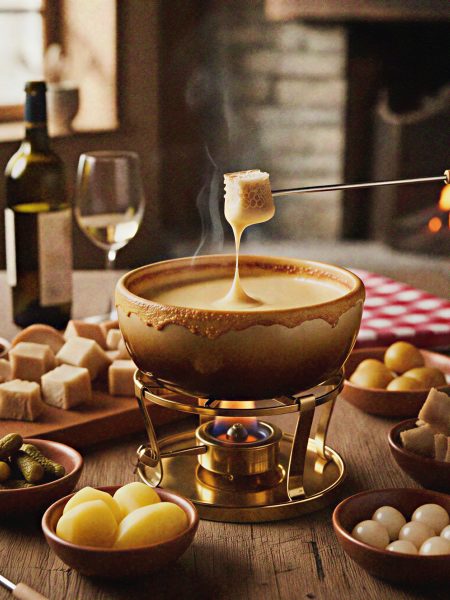 Cheese fondue moitie-moitie with various accompaniments.