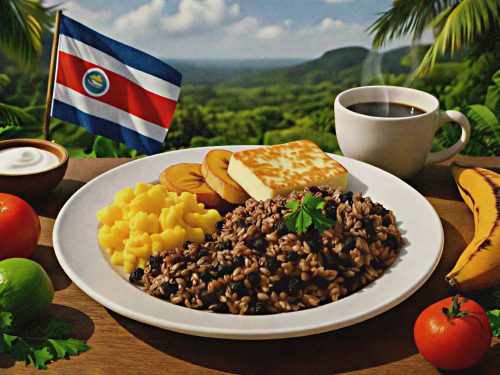 Recipe Collection 3 Plate of Gallo Pinto with rice, black beans, scrambled eggs, fried plantains, and coffee, accompanied by Costa Rican flag and fresh vegetables.