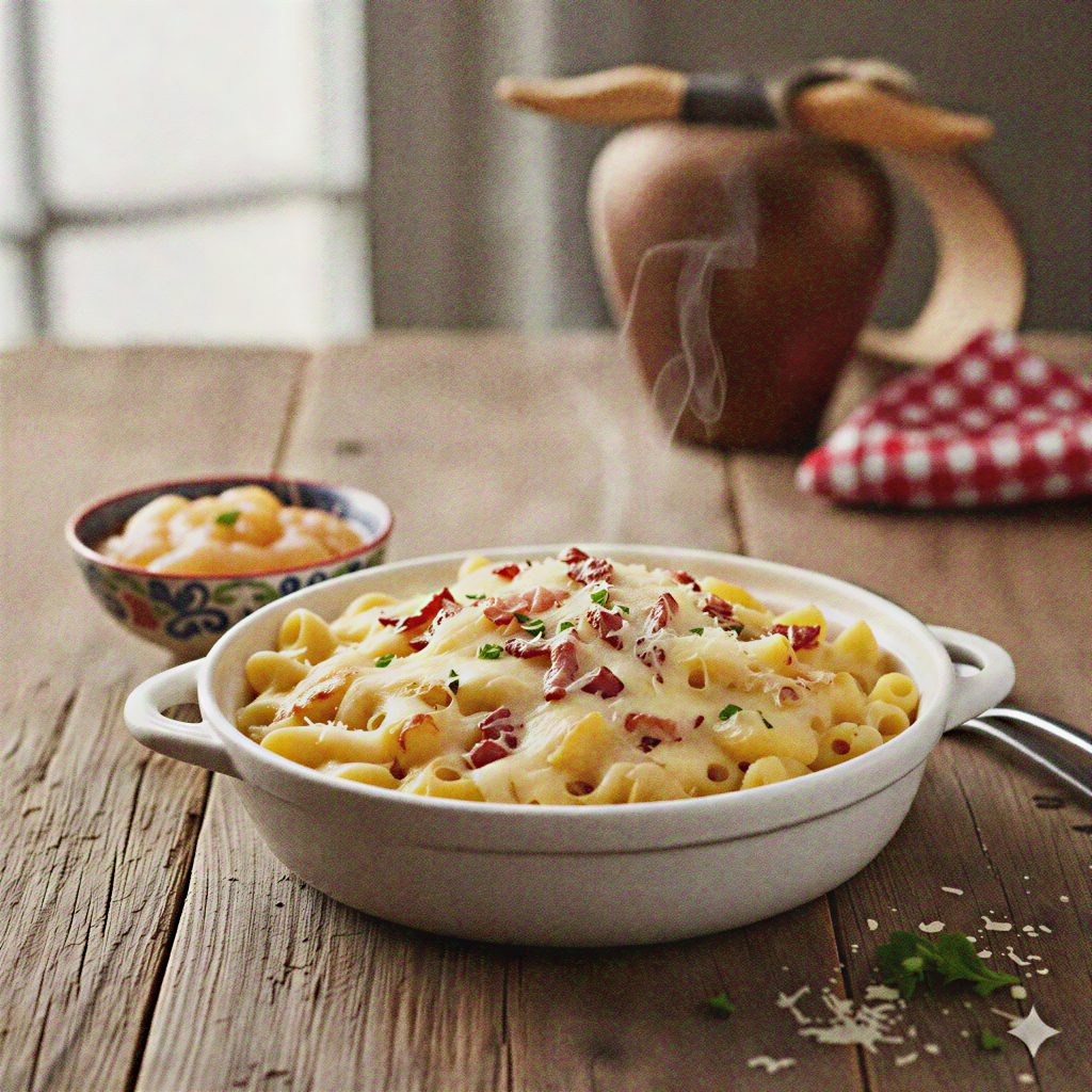 Authentic Urner Älplermagronen: My Grandma’s Swiss Mac & Cheese 1 Creamy urner alpermagronen pasta dish with toppings