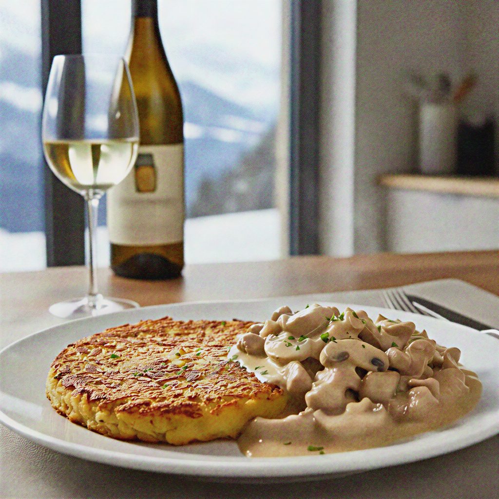 Plate of zuri-gschnatzlets with wine glass