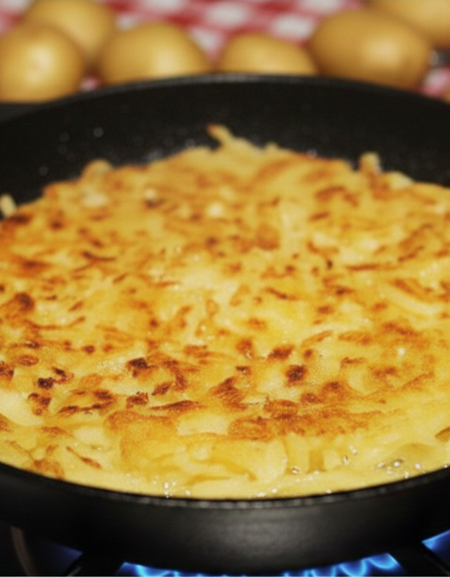 Golden crispy potato rosti cooking