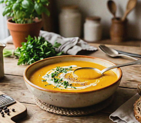 Bowl of pumpkin soup with herbs