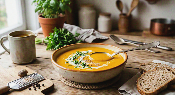The Ultimate Comfort: Golden Pumpkin Soup 1 Bowl of pumpkin soup with herbs