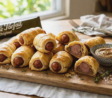 Puff pastry wrapped sausages with mustard