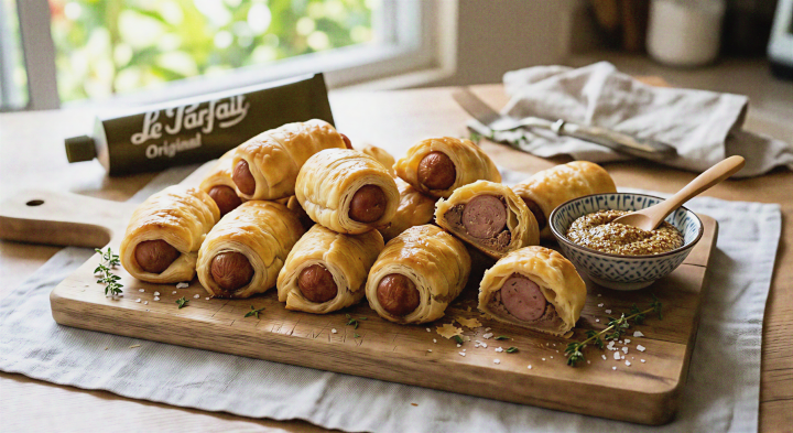 Puff pastry wrapped sausages with mustard